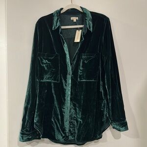 Anthropologie Green Velvet Button-Up Shirt